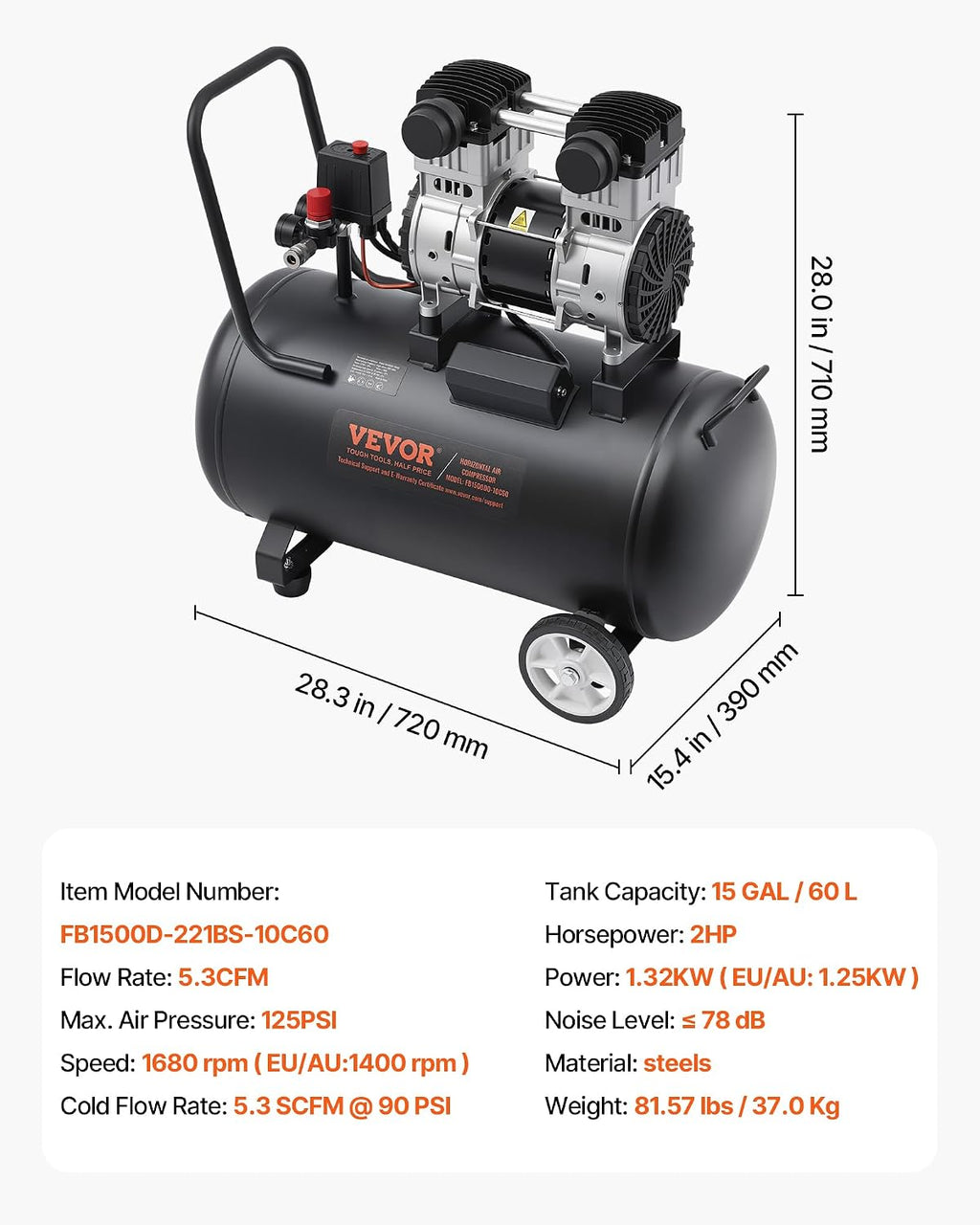 VEVOR Air Compressor, 15 Gallon Steel Tank, 2HP 5.3 CFM@90 PSI Oil Free Air Compressor & Max. 125PSI Pressure, 78dB Ultra Quiet Portable Compressor, for Auto Repair, Tire Inflation, Spray Painting