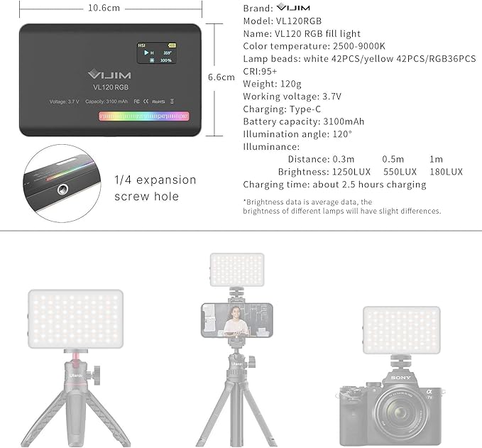 VIJIM VL120 RGB Video Light, Portable LED Camera Light Panel 0-360 Full Color