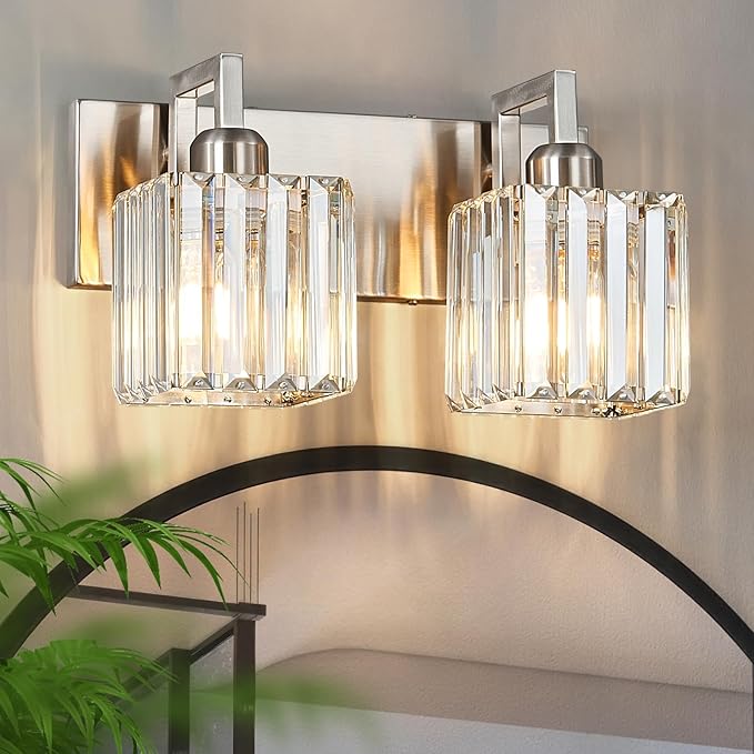 FDPBY Modern Bathroom Vanity Light 2-Lights Brushed Nickel Vanity Light Crystal