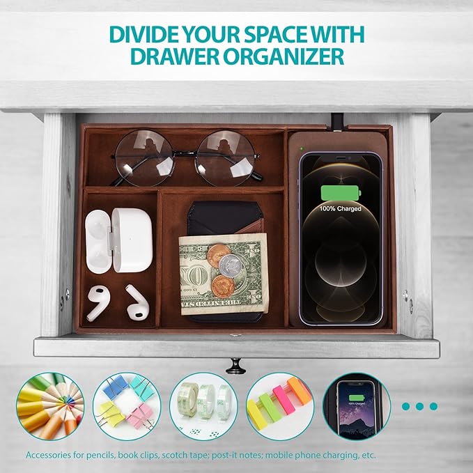 Valet Tray, Built in Wireless Charging Pad, Nightstand Organizer, Dresser