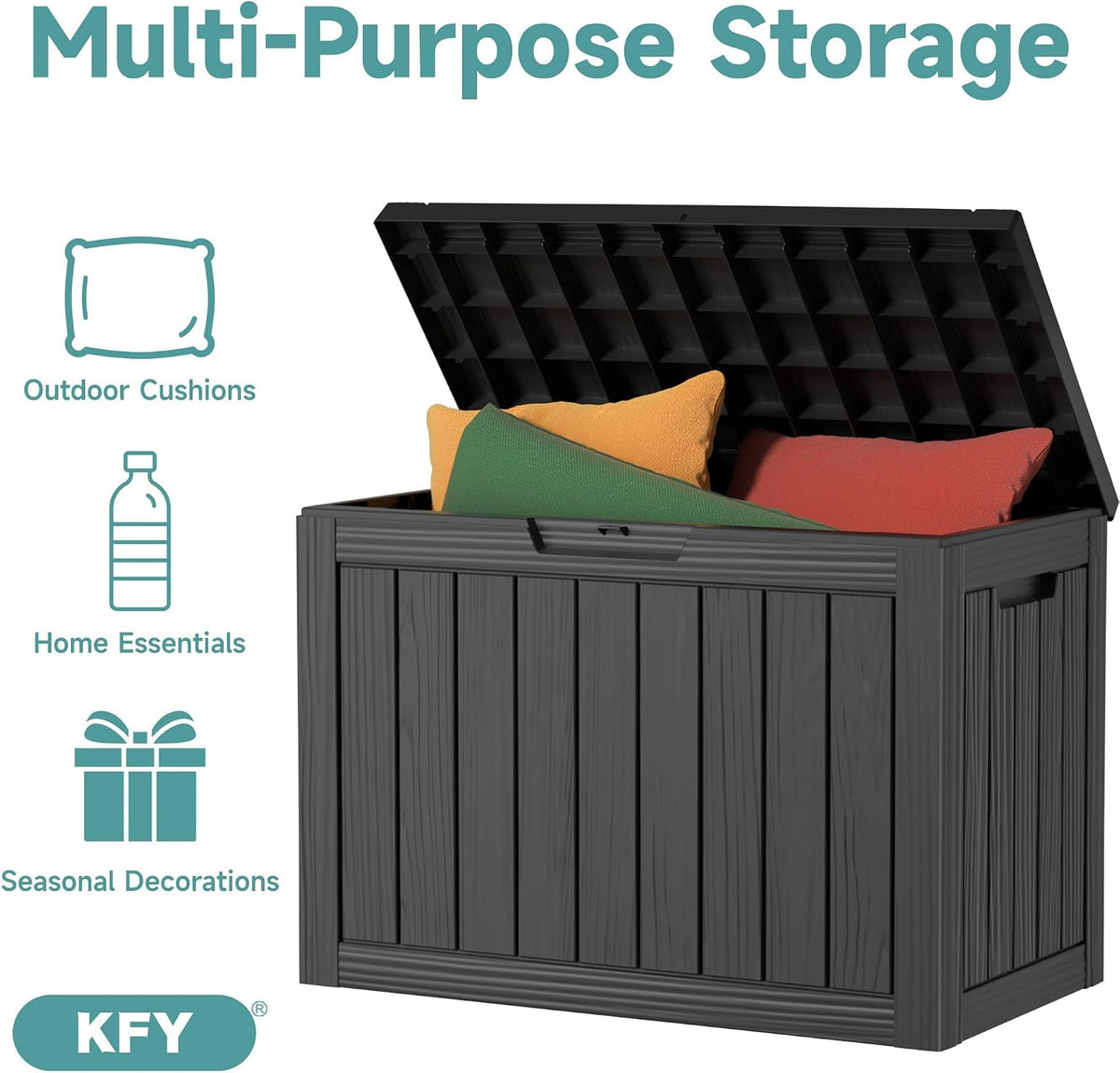 45 gallon waterproof resin deck box, uv resistant showing dimensions