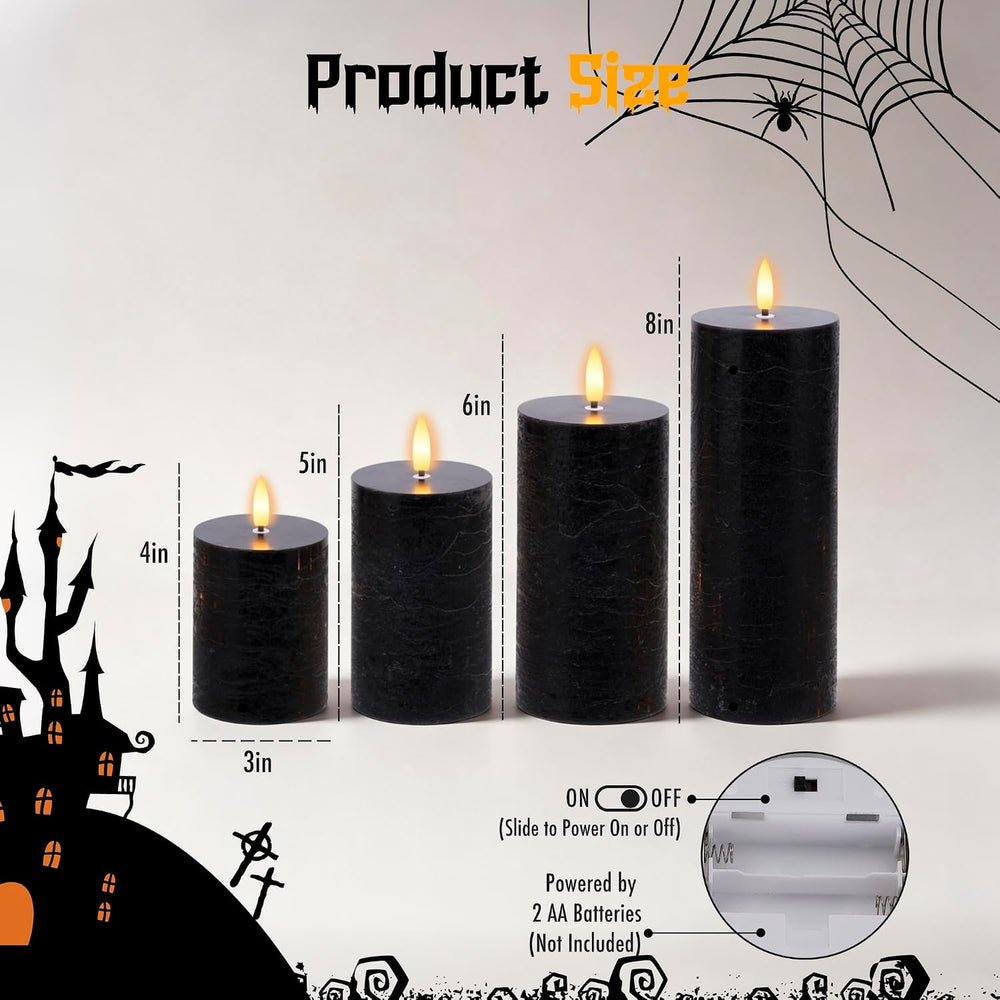 Black Flickering Flameless Candles, Real Wax Halloween Pillar Candles