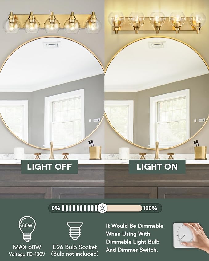 METWET Bathroom Light Fixtures, 5 Light Brushed Gold Vanity Light, 32 Inch