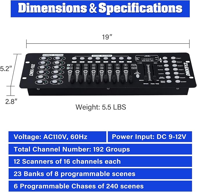 TCFUNDY DMX 512 Controller, 192 Channel DMX Light Controller Stage Lighting