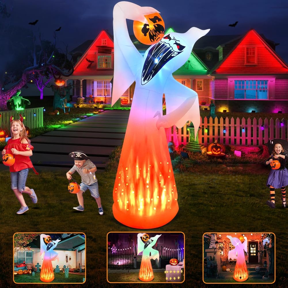 10 FT Halloween Inflatables Ghost with Pumpkin Decoration, Built in Flame Rotation LEDs Huge Halloween Inflatable Large Spooky Blow Ups Halloween, Party, Indoor, Outdoor, Garden, Yard Lawn