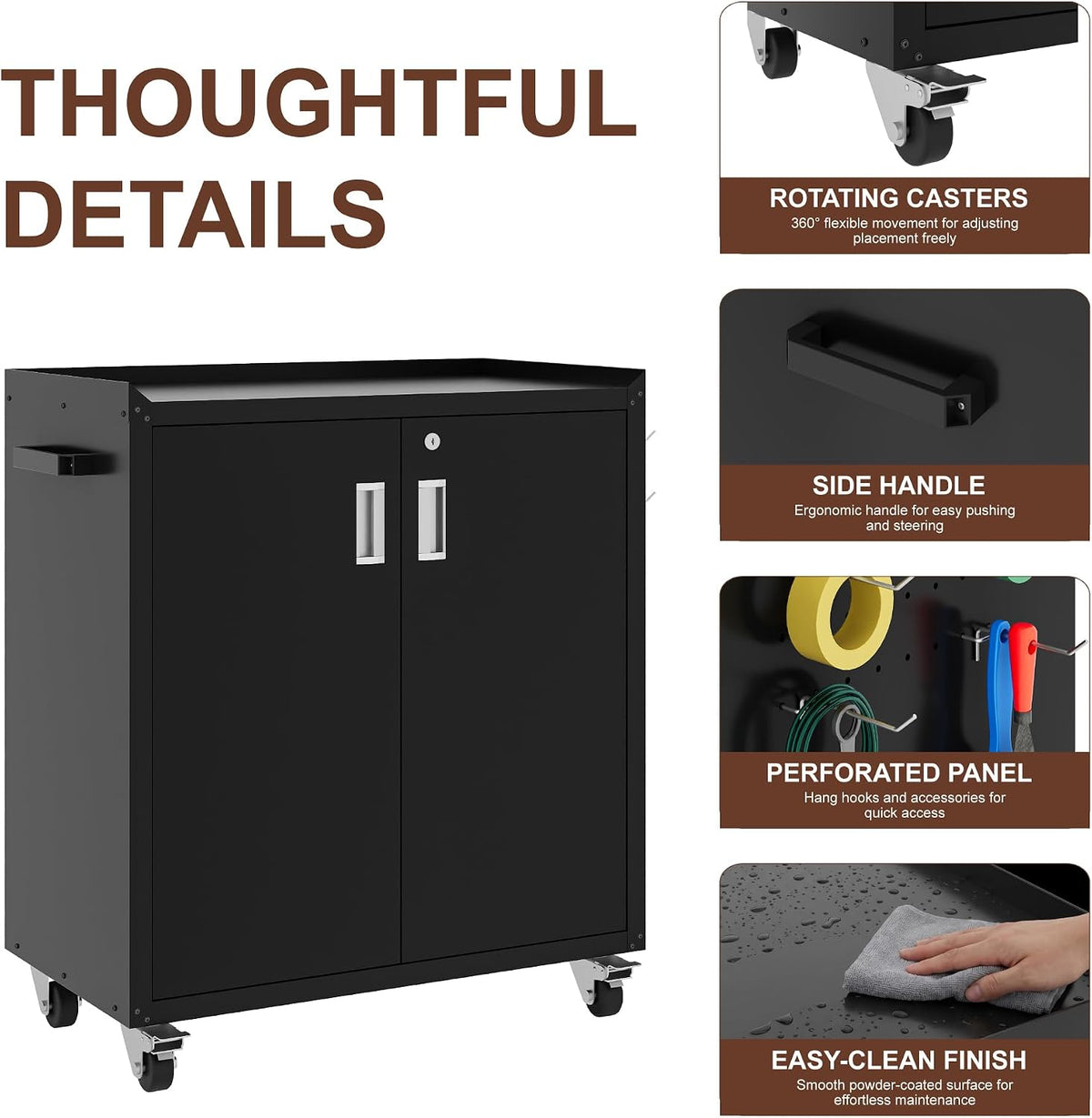 lcaopc metal storage cabinet with wheels - lockable, side view