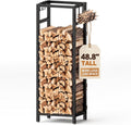 48.8in Firewood Rack Indoor Outdoor with Hooks – Heavy Duty Fireplace Log Holder with Kindling Hooks & Adjustable Pads, Metal Fire Wood Storage Racks & Enclosed Frame Fireplace Organizer