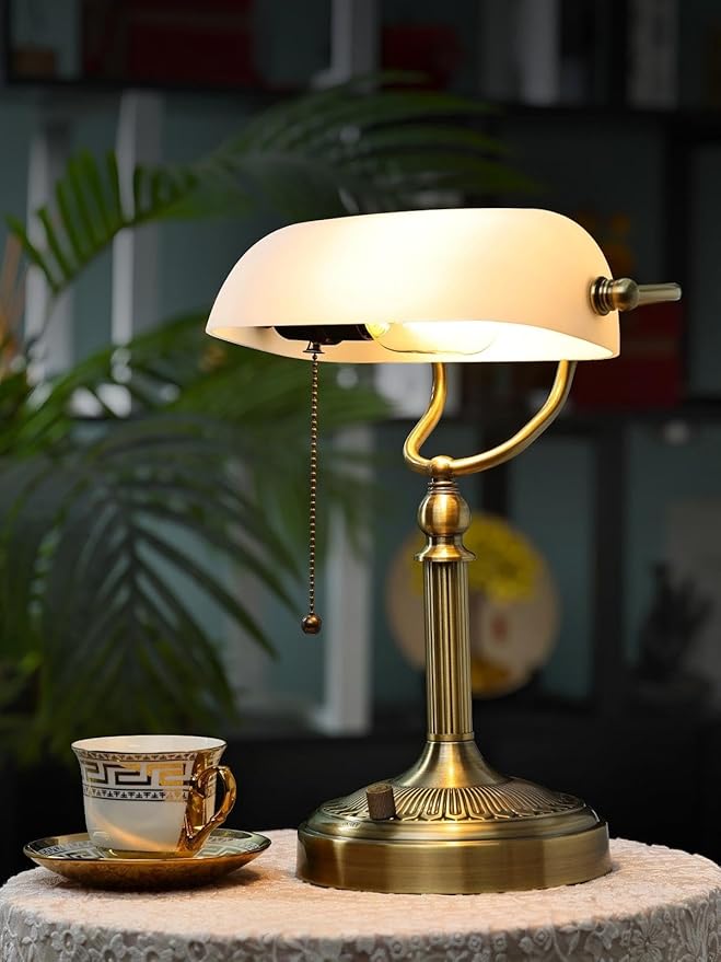 Newrays White Matted Glass Bankers Desk Lamp, Stepless Dimmable Table Lamp Plug