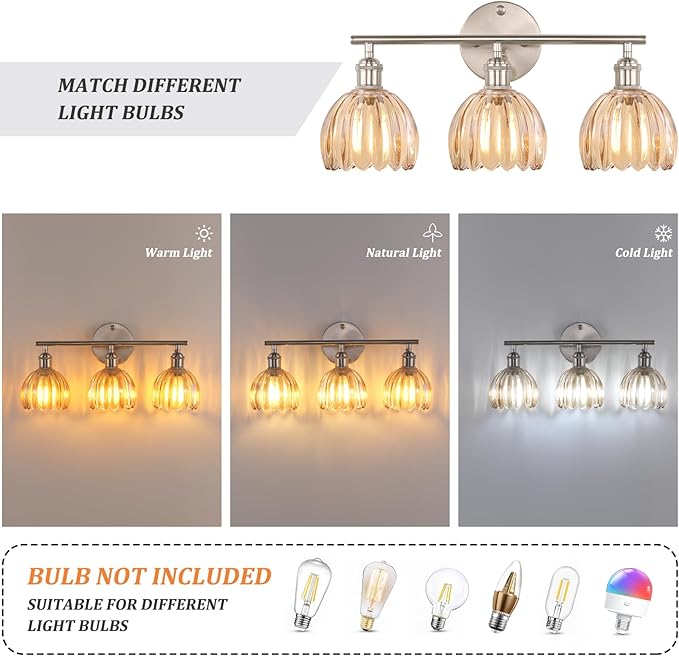 Shenmoyl Bathroom Light Fixtures, 3-Light Vanity Wall Light Over Mirror