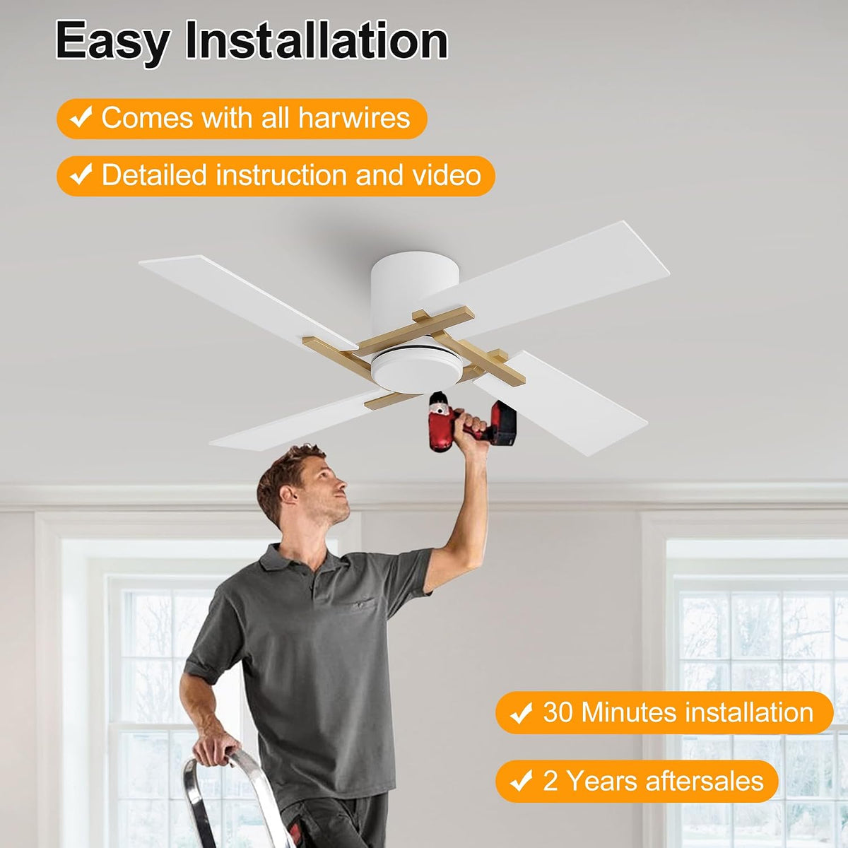 WINGBO 48 Inch Flush Mount Ceiling Fan without Light - 4 Plywood Blades, 6-Speed Reversible DC Motor, Noiseless Low Profile Ceiling Fan No Light for Bedroom Living Room, Gold and White