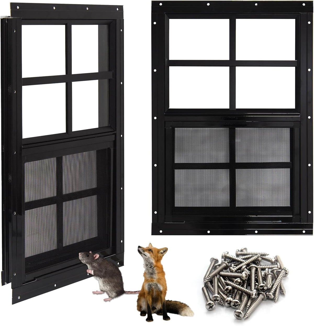 NeatiEase Upgraded Shed Windows 2 Pack, 24" x 30" Windows with Tempered Glass and Stainless Steel Screen for Shed, Chicken Coop, Playhouse, Household, Garage(Black)