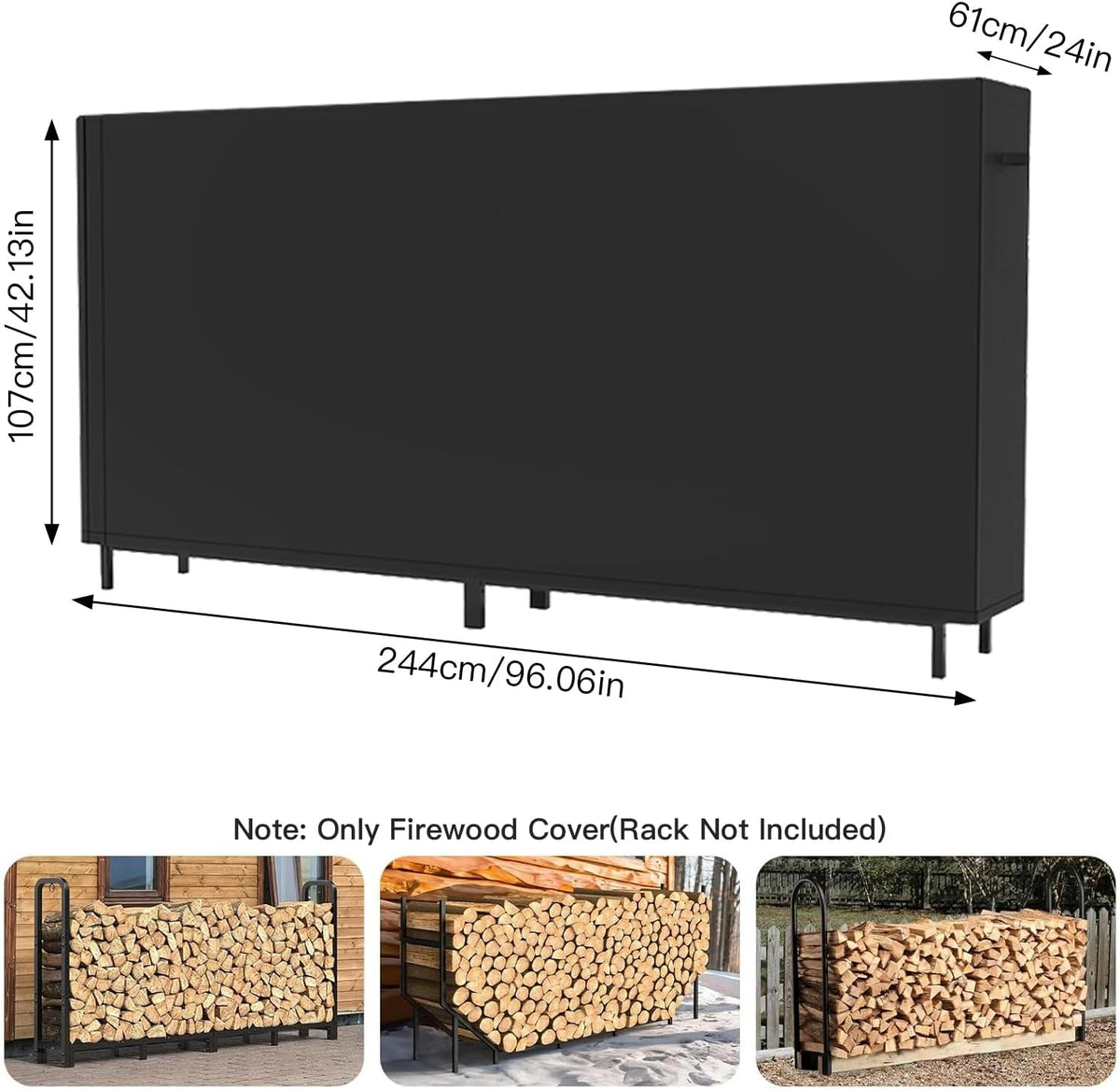 8ft firewood rack cover with zipper & adhesive shown in use