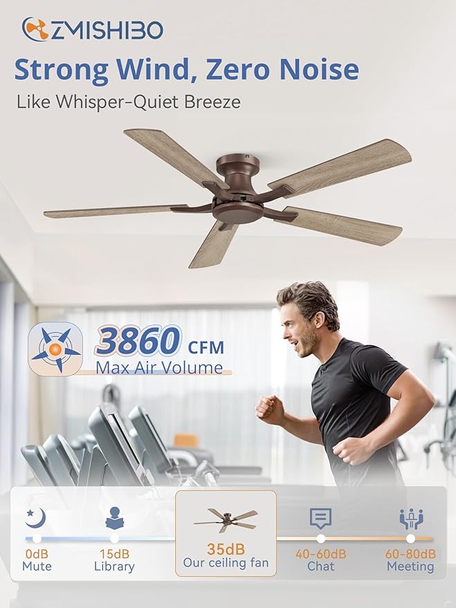 ZMISHIBO 52 Inch Ceiling Fan No Light, Flush Mount Low Profile, Farmhouse Brown