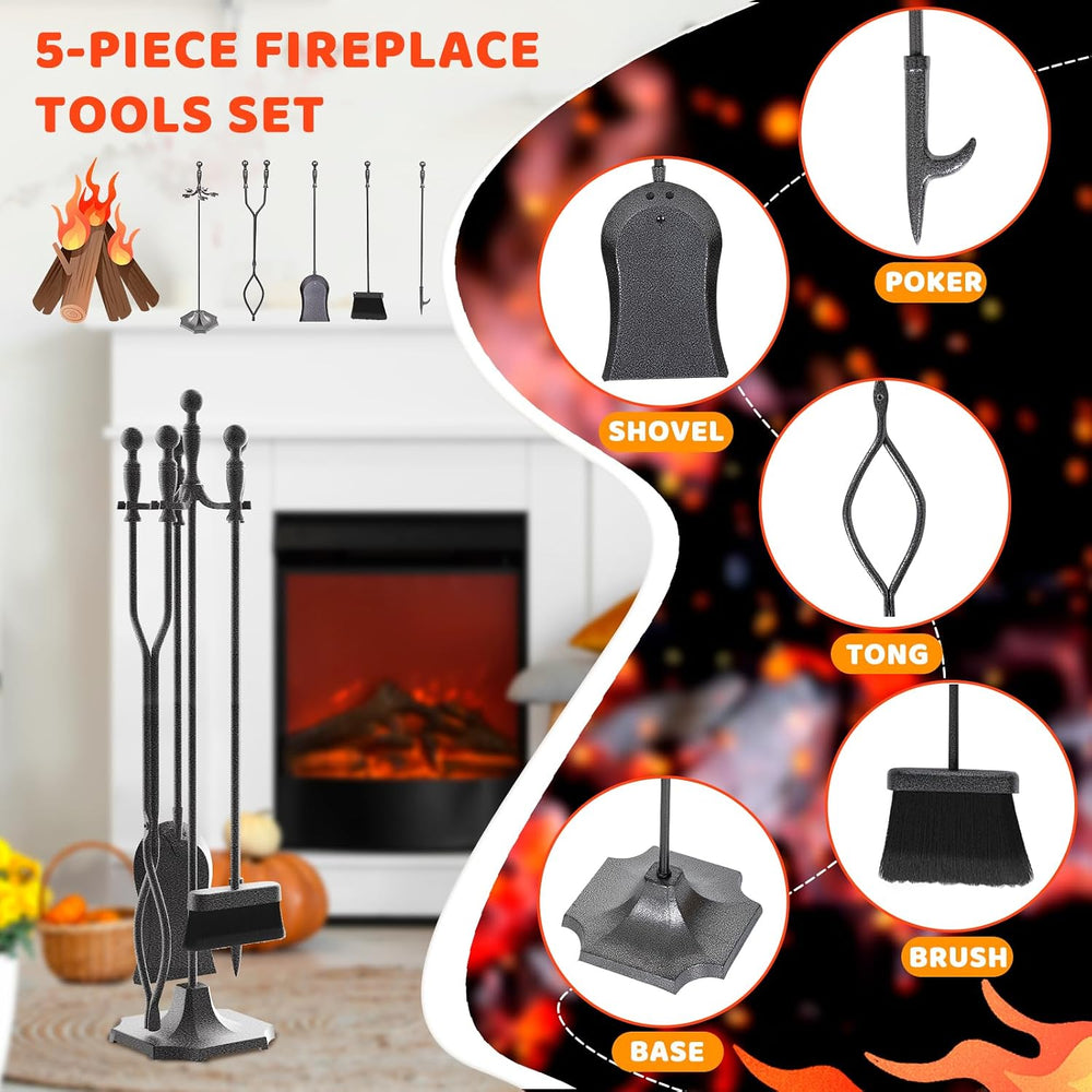 5 Pieces 31in Wrought Iron Fireplace Tools Set w/Ergonomic Handle