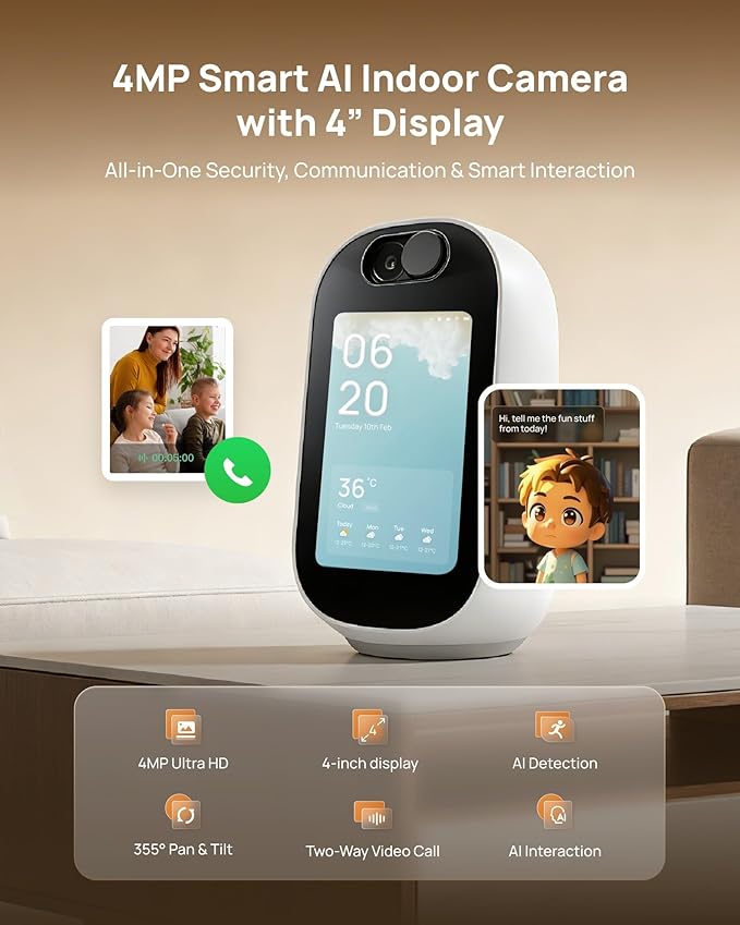 Indoor Security Camera with 4" Screen, 4MP Baby/Elderly Monitor with AI