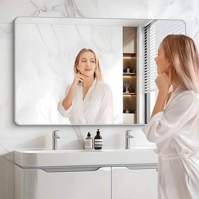 48x30 Inch Silver Bathroom Mirror, Metal Framed Silver Rectangle Mirrors