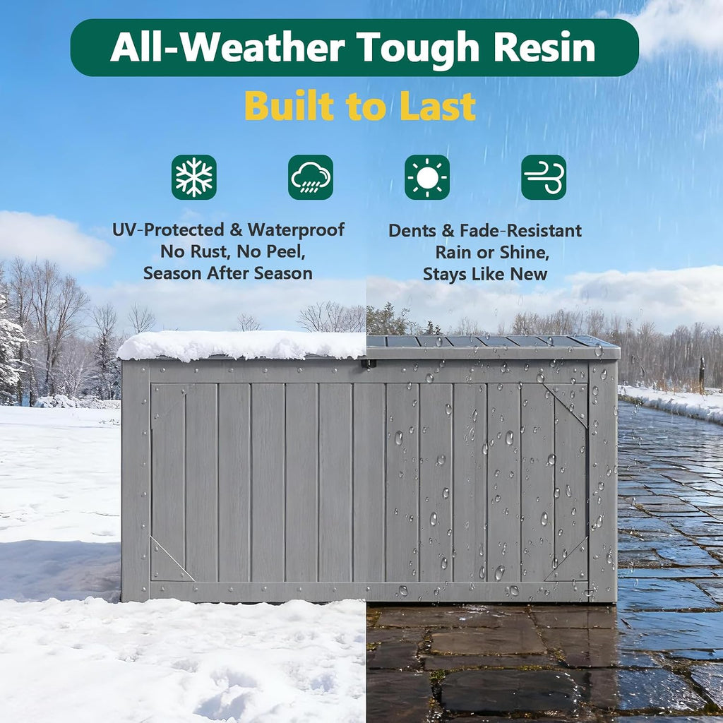 outdoor storage box, 98 gallon deck box, outdoor showing dimensions
