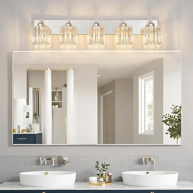FDPBY Modern Vanity Light 5-Lights Brushed Nickel Vanity Light Crystal Bathroom