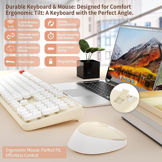 HotFox Wireless Keyboard and Mouse Combo, Full-Size Retro Typewriter Keyboard