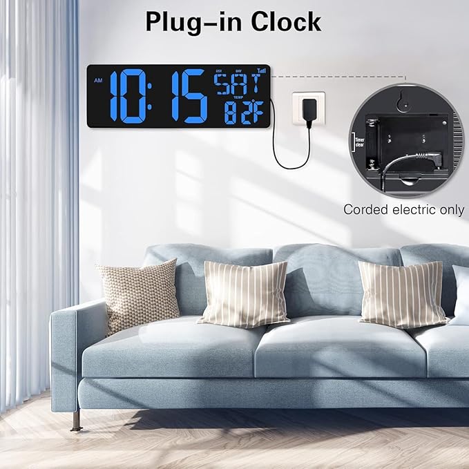 XREXS Large Digital Wall Clock WiFi Sync, 16.5 in Large Display Wall Clock