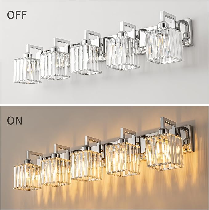 FDPBY Modern Bathroom Vanity Light 5-Lights Chrome Crystal Wall Lamp Bathroom