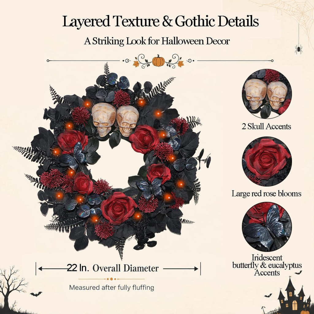 22 Inch Lighted Halloween Wreath with 40 Orange LEDs and 2 Skulls