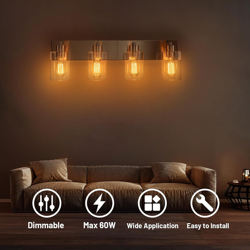 4-Light Brushed Nickel Bathroom Vanity Lights, Clear Glass | Brushed Nickel Metal Frame,Up/Down Wall Mount,cylinder Glass Shade,Kitchen Hallway Bedroom Indoor Use,Easy Install,E26 Base