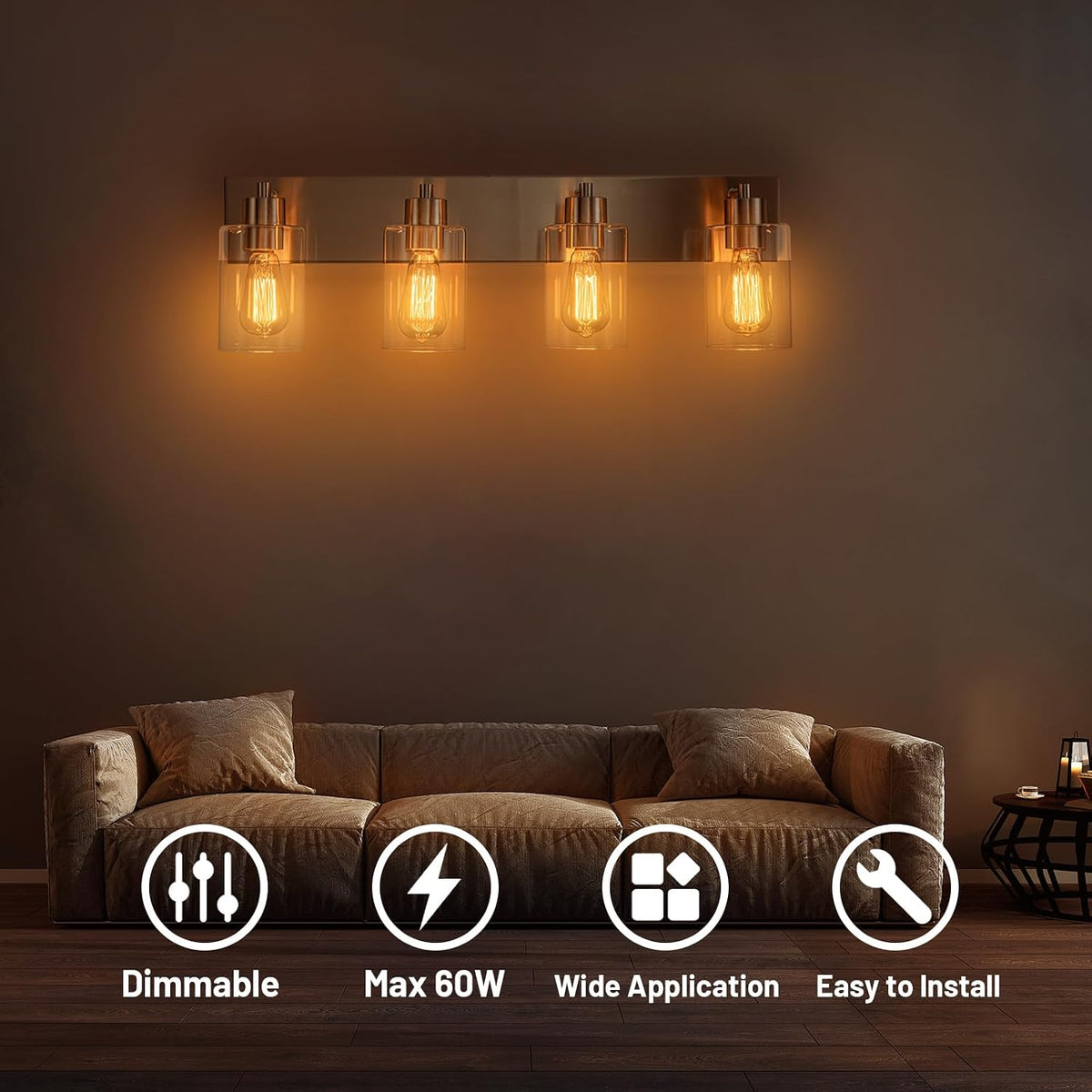 4-Light Brushed Nickel Bathroom Vanity Lights, Clear Glass | Brushed Nickel Metal Frame,Up/Down Wall Mount,cylinder Glass Shade,Kitchen Hallway Bedroom Indoor Use,Easy Install,E26 Base