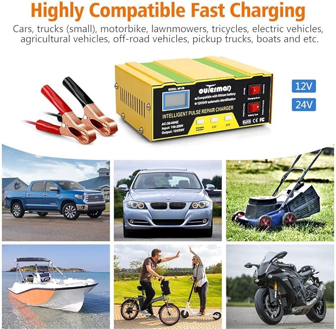 Outerman Car Battery Charger 12V 24V Lithium Battery Charger, Auto Battery
