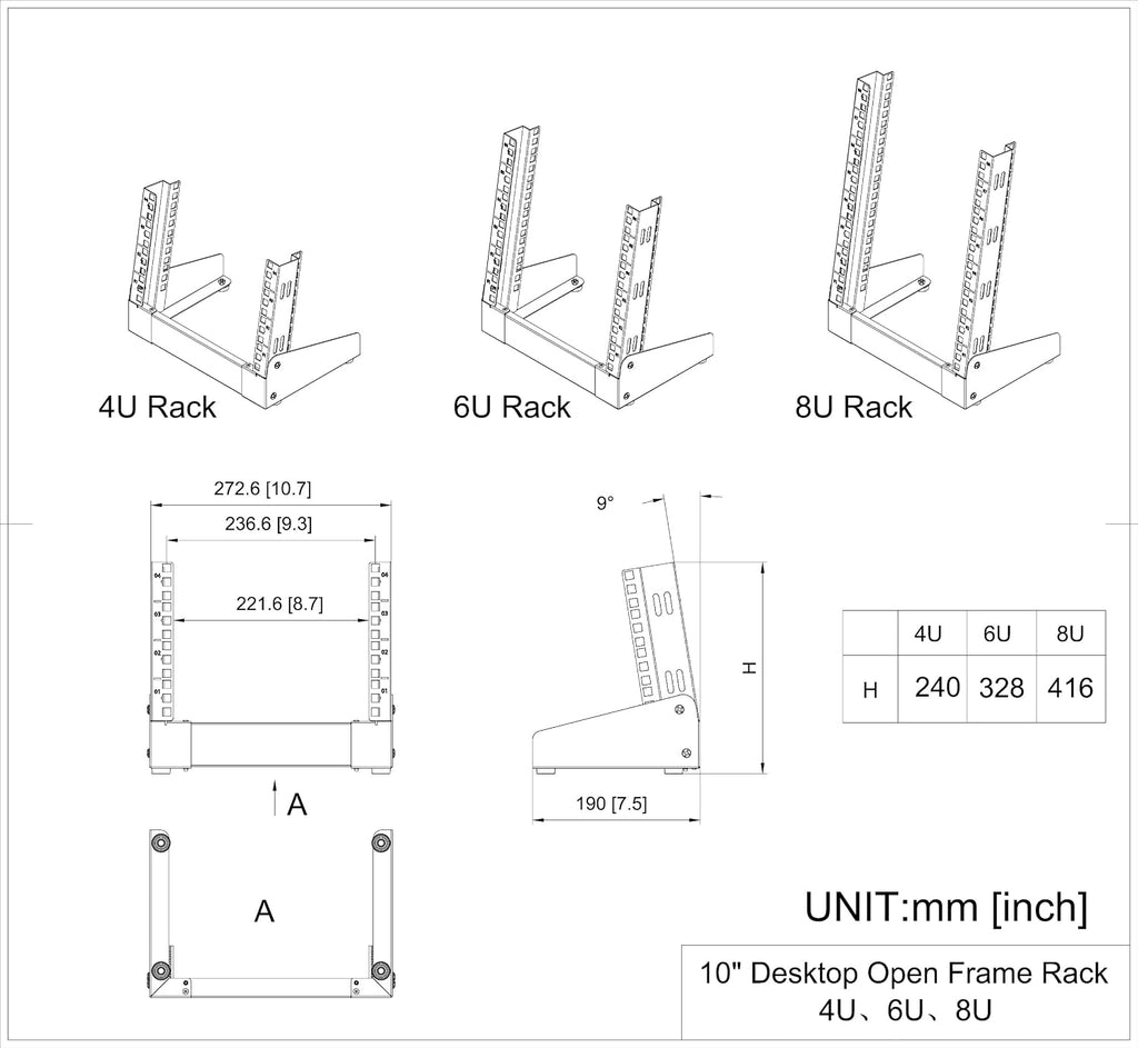 8u small desktop network rack 10" mini open, side view