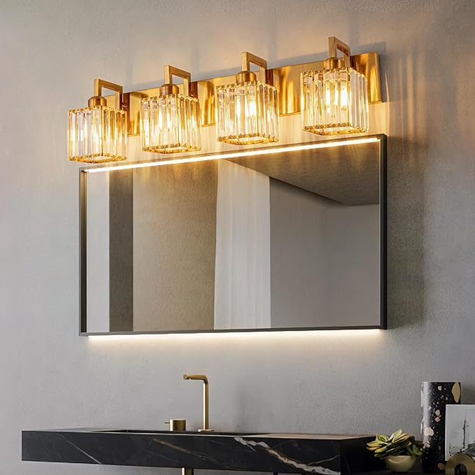 FDPBY Modern Crystal Bathroom Vanity Light 4-Lights Gold Brushed Brass Finish