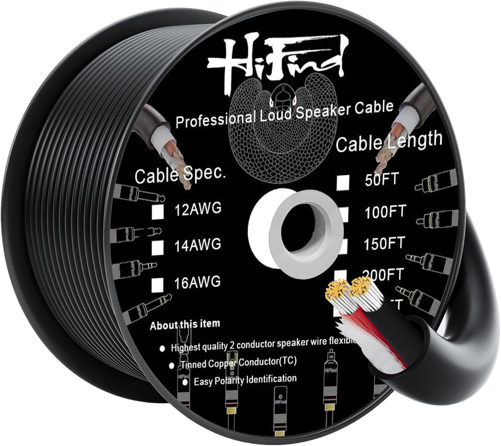 HiFind 12/2 Gauge Speaker Wire Cable 200 Ft-Tinned OFC Copper-UL CL3 Rated-