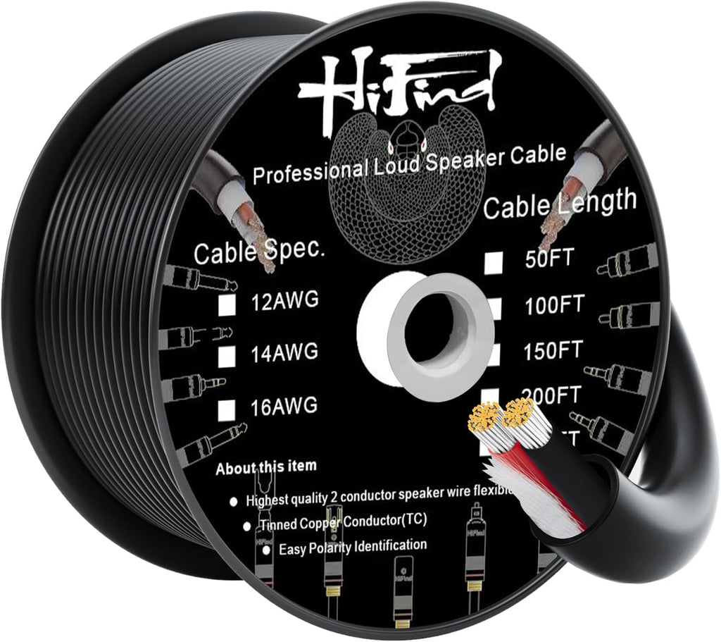 HiFind 12/2 Gauge Speaker Wire Cable 100 Ft-Tinned OFC Copper-UL CL3 Rated-