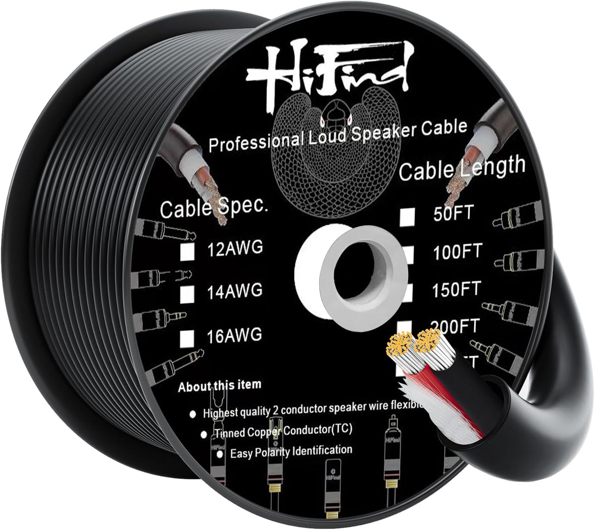 HiFind 16/2 Gauge Speaker Wire Cable 150 Ft-Tinned OFC Copper-UL CL3 Rated-