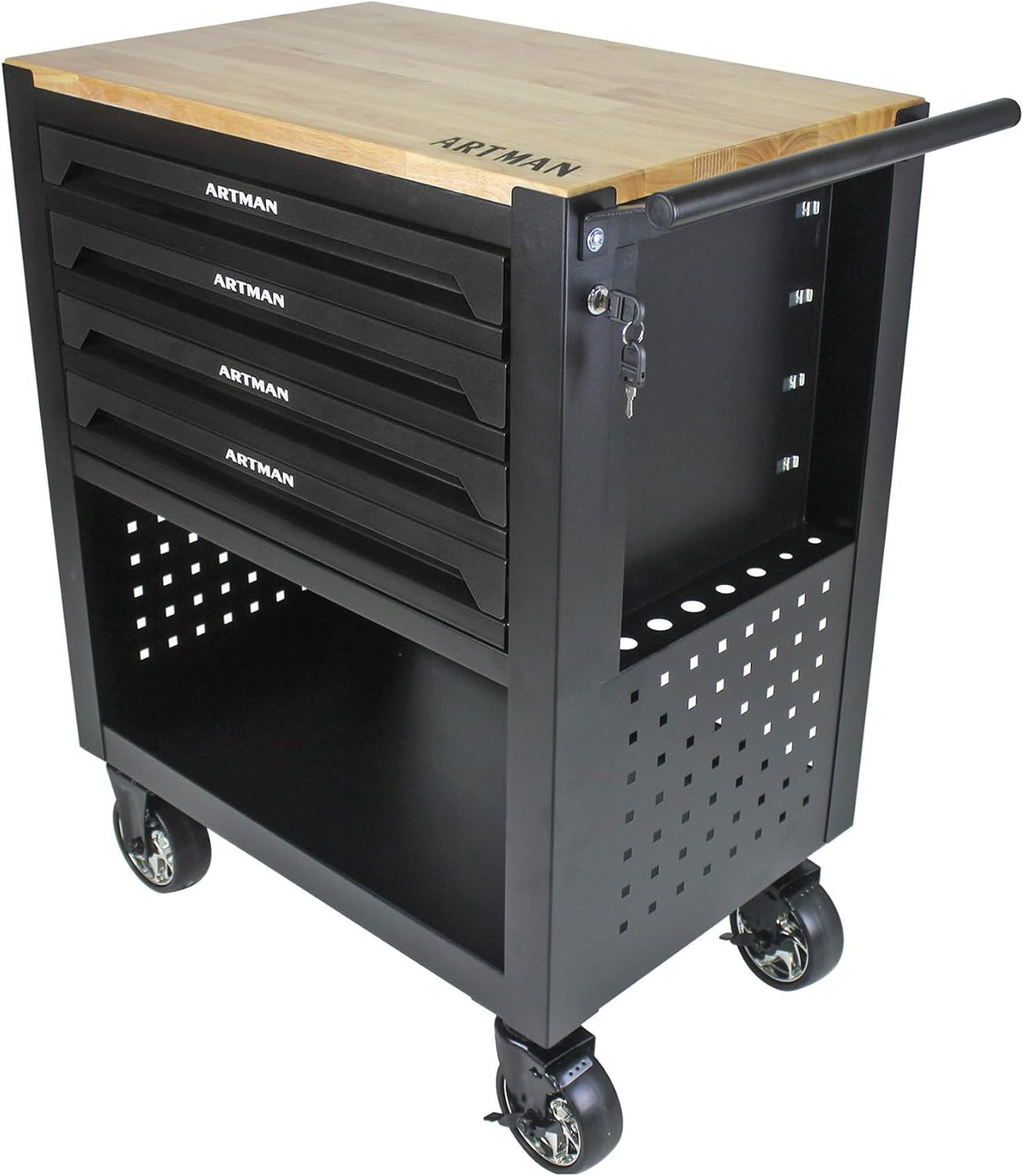 lockable 4-drawer rolling tool chest with wooden top showing dimensions