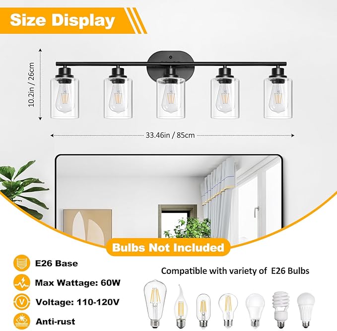 Unicozin 5 Light Bathroom Light Fixtures, 33.5 Inch Vanity Lights