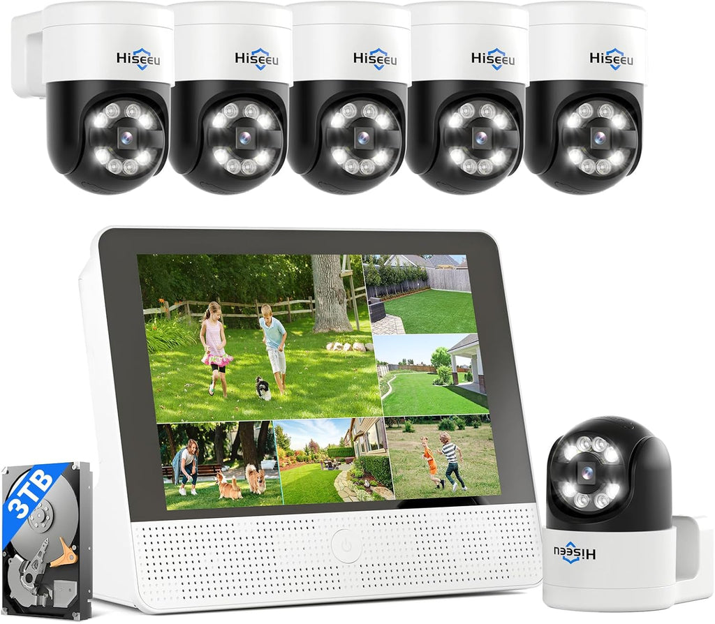 【12’’ Monitor + Human Tracking】Hiseeu 4K PoE Security Camera System, All-in-One (6Pcs)