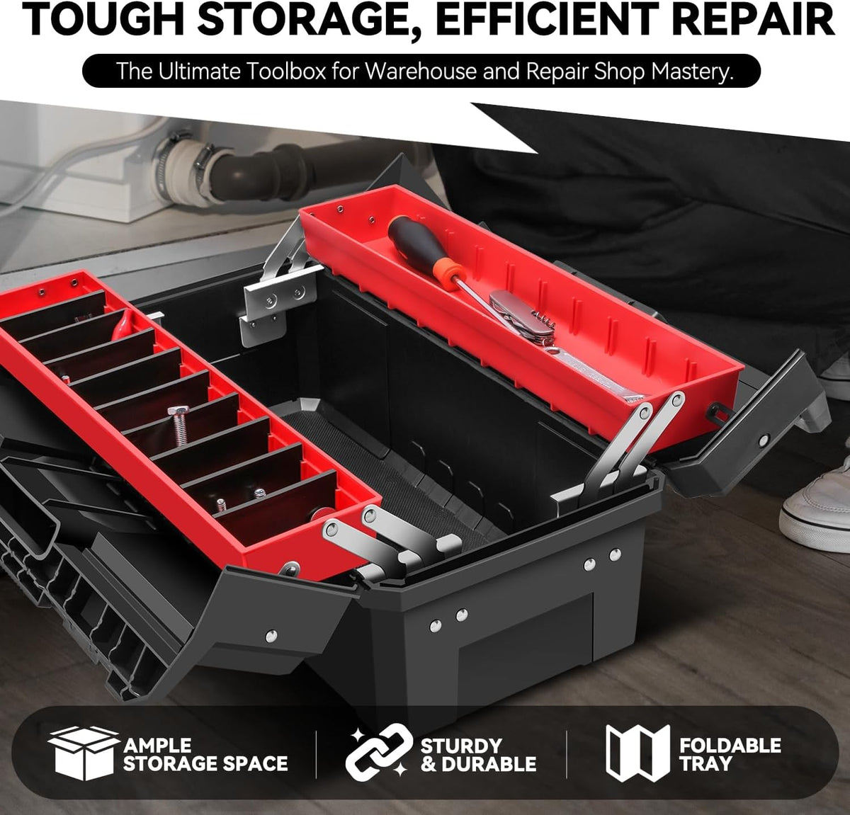 auto dynasty foldable 2-layer tool box w/non-slip handle, close-up detail