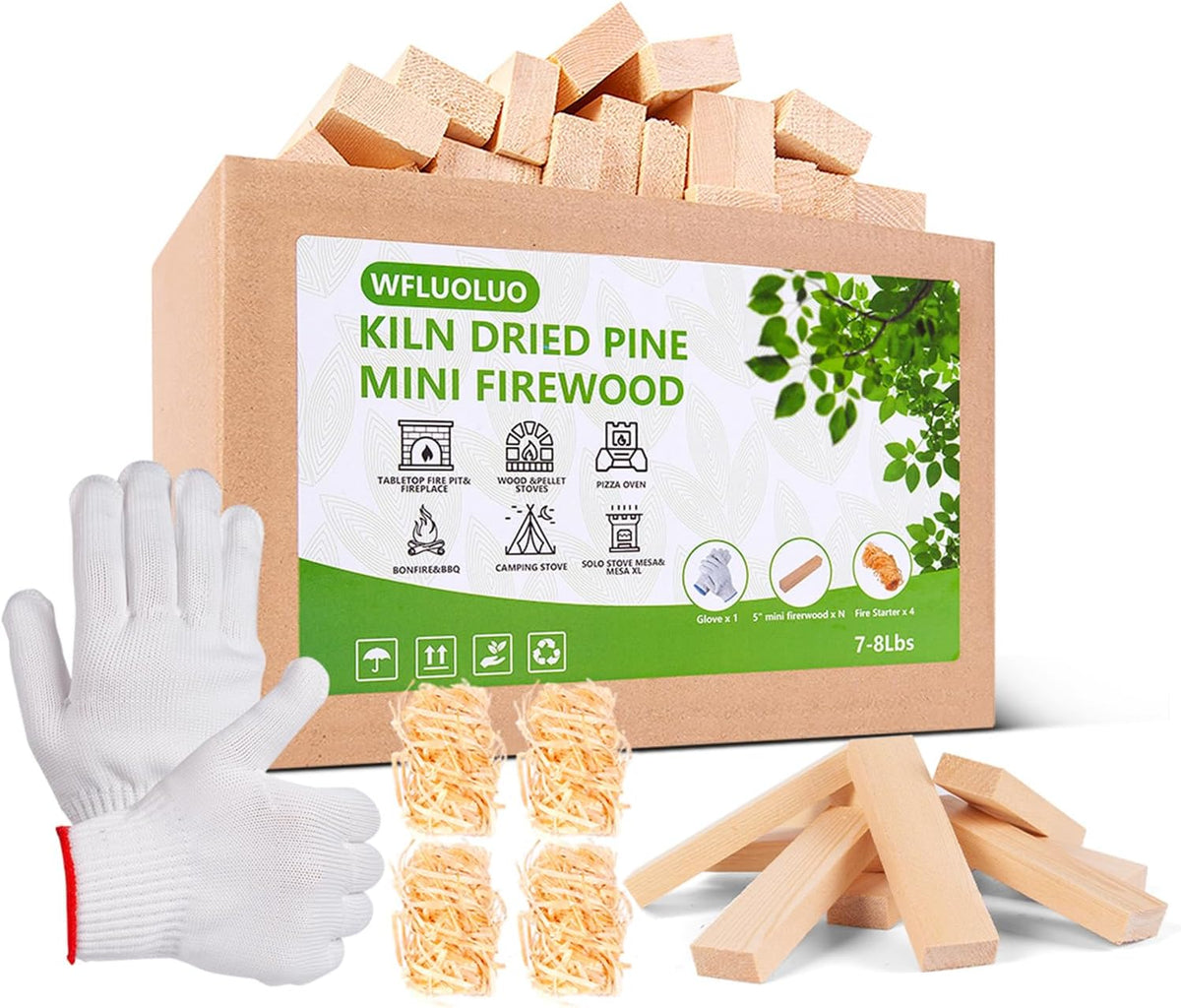 Mini Firewood with 4pcs Fire Starters&Gloves 5'' Lengths Pine Kiln Dried Fire Wood Great for Solo Stove Mesa XL, Tabletop Fire Pit,Pizza Oven Wood,Solo Stove Accessories