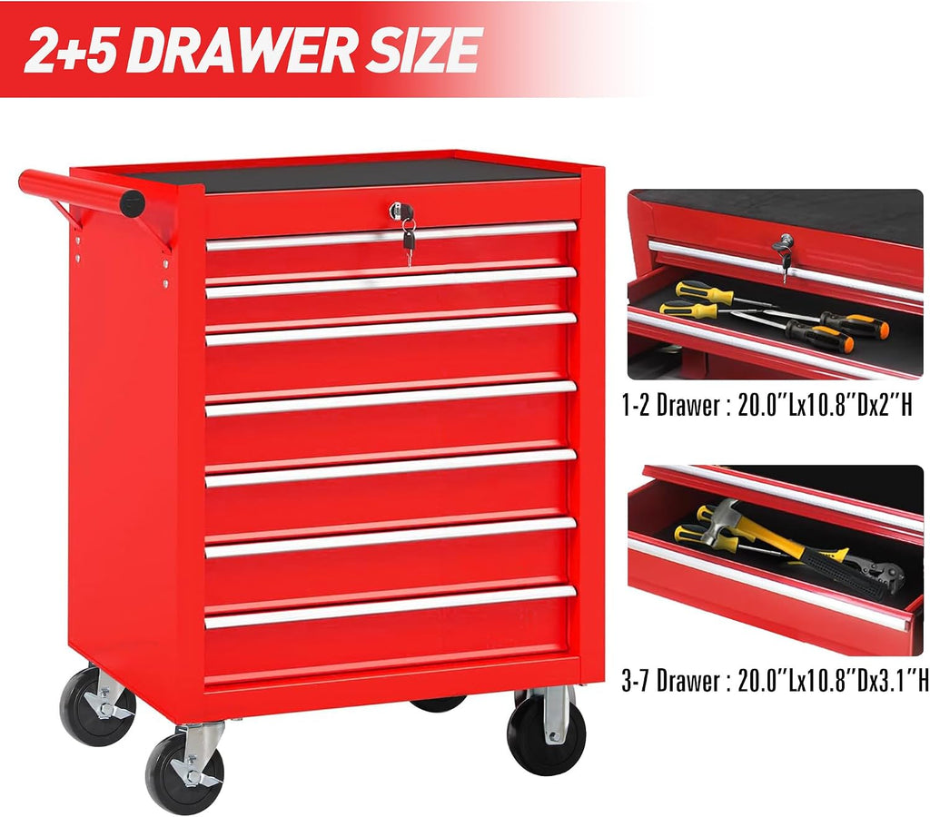 7-drawer lockable rolling tool chest, black showing dimensions