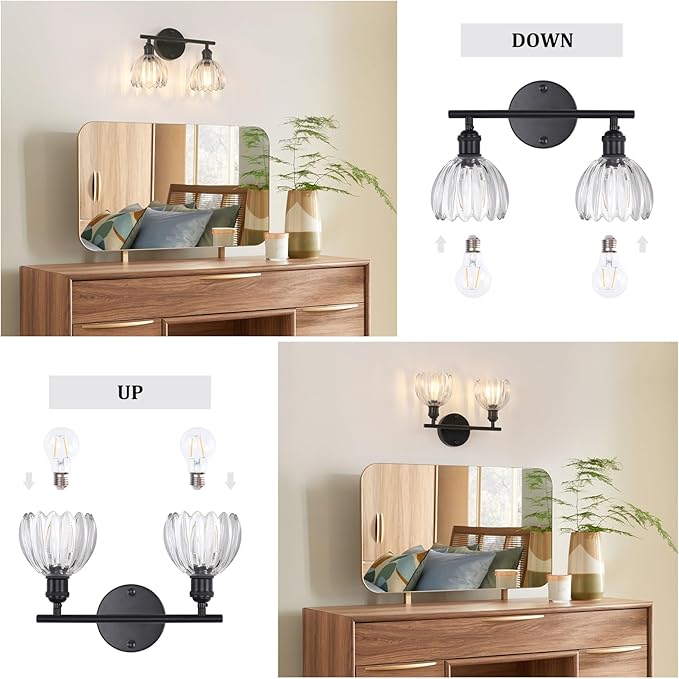 Shenmoyl Bathroom Light Fixtures, 2-Light Black Vanity Wall Light Over Mirror
