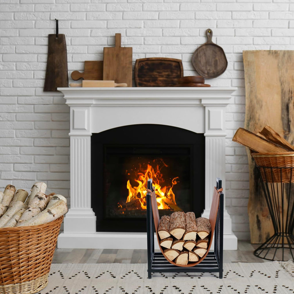 mygift black metal firewood stand with brown sling, close-up detail