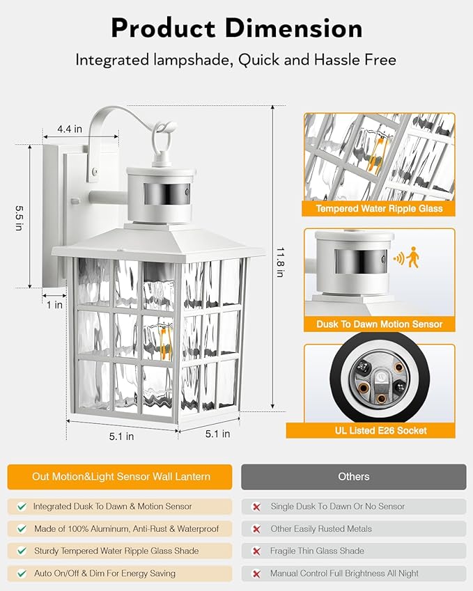 VIANIS White Motion Sensor Exterior Wall Lantern, 2 Pack Dusk to Dawn Outdoor