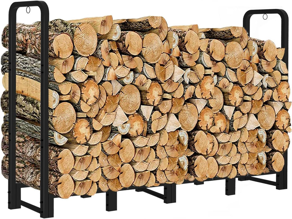 Firewood Rack Outdoor 8ft Heavy Duty Logs Holder for Indoor Fireplace Metal Wood Pile Storage Stacker Organizer, Matte Black