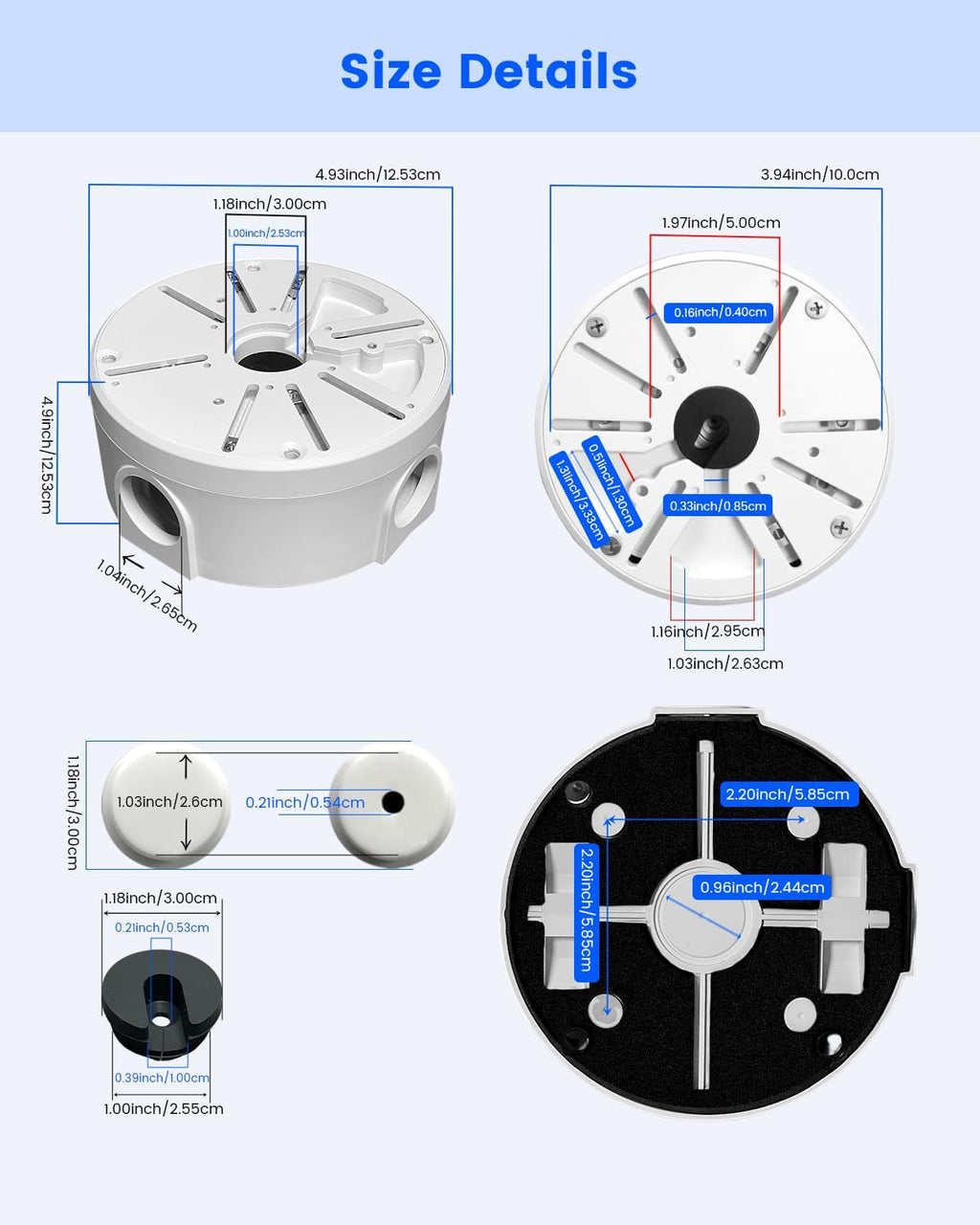 metal universal security camera junction box, cable management showing dimensions