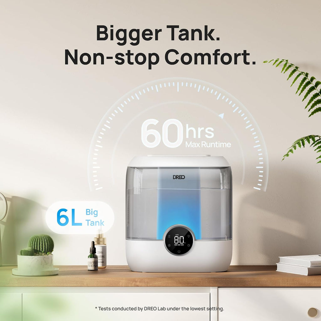 dreo 6l top fill humidifiers for bedroom, 60h showing dimensions