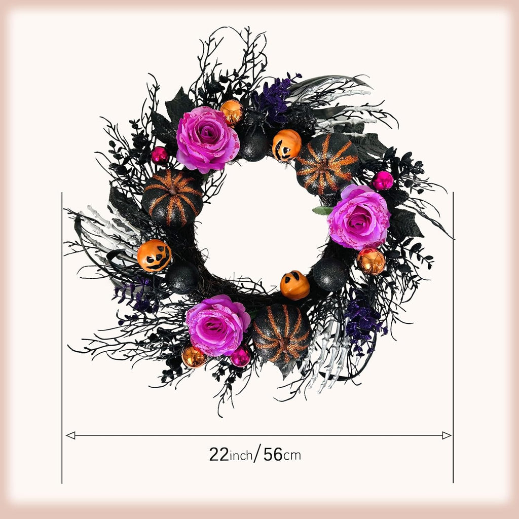 22 Inch Halloween Wreaths for Front Door Artificial Black Welcome Wreath with Pumpink Rose Skeleton Hand Indoor Outdoor Wall Holiday Decorations