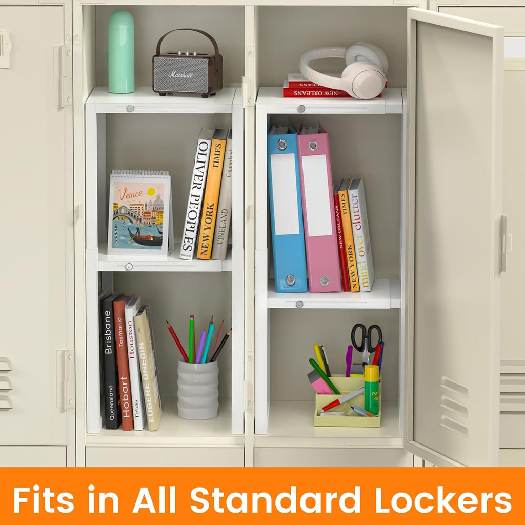 lidtop locker organizer shelf, metal adjustable width and, side view