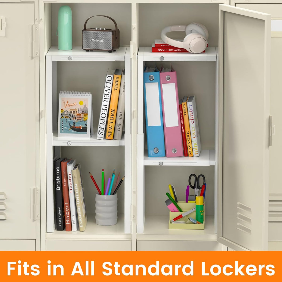 lidtop locker organizer shelf, metal adjustable width and, side view