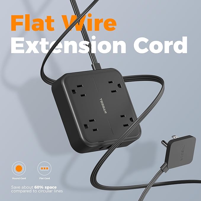 Surge Protector Flat Extension Cord 15FT, TESSAN Flat Plug Power Strip